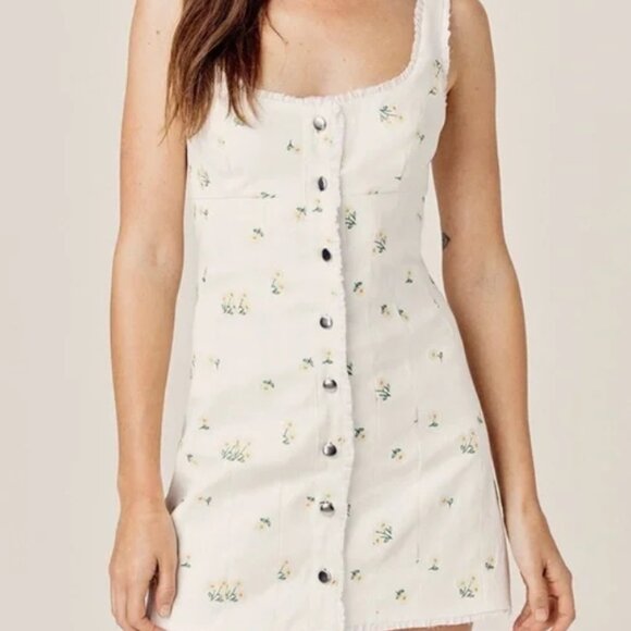 NWOT For Love & Lemons Waverly Denim White Floral Mini Dress in Daisy S $211